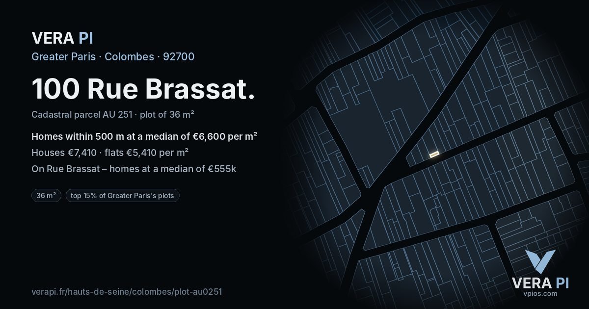 100 Rue Brassat, Colombes at night – the plot lit, the parcels around coloured by the prices near them