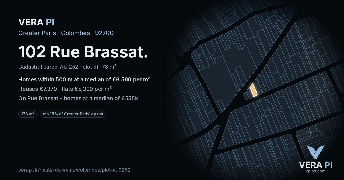102 Rue Brassat, Colombes at night – the plot lit, the parcels around coloured by the prices near them