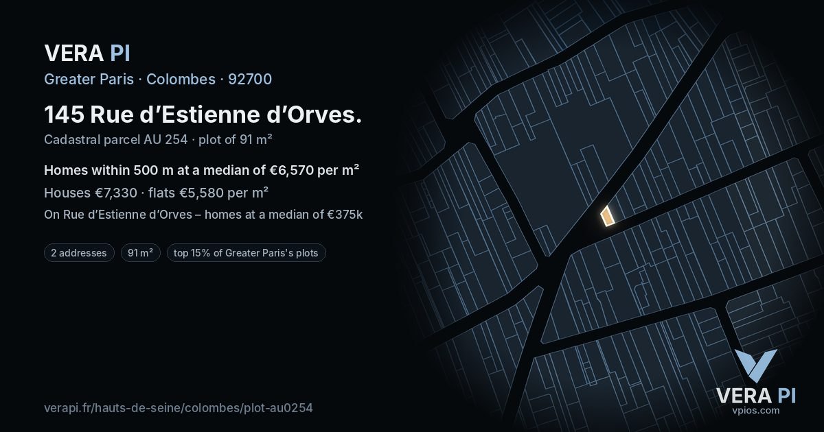145 Rue d’Estienne d’Orves, Colombes at night – the plot lit, the parcels around coloured by the prices near them