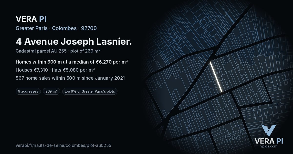 4 Avenue Joseph Lasnier, Colombes at night – the plot lit, the parcels around coloured by the prices near them
