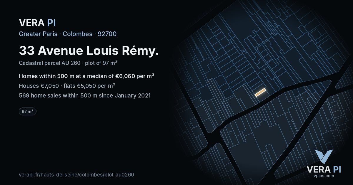 33 Avenue Louis Rémy, Colombes at night – the plot lit, the parcels around coloured by the prices near them