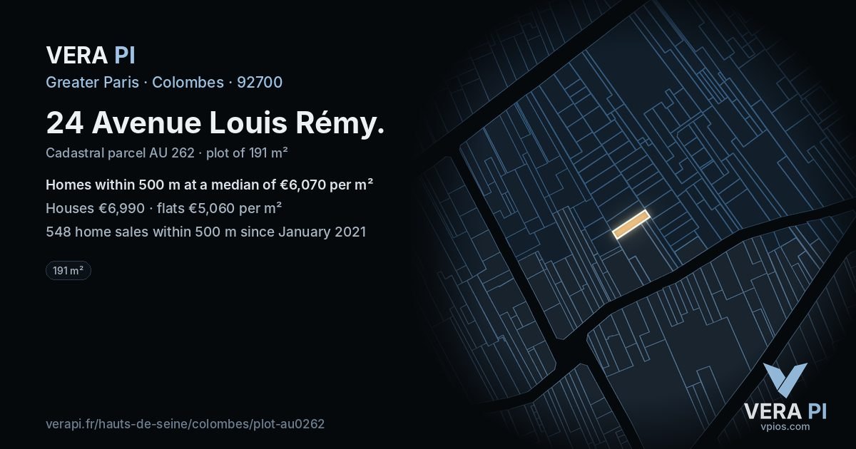 24 Avenue Louis Rémy, Colombes at night – the plot lit, the parcels around coloured by the prices near them
