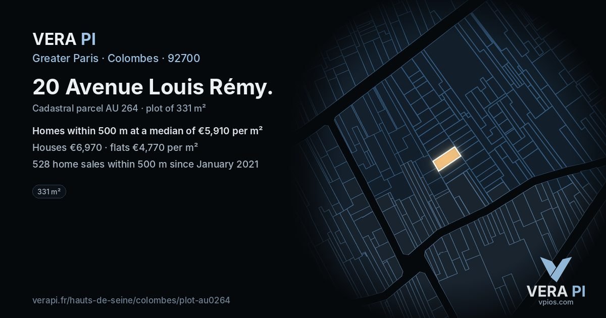 20 Avenue Louis Rémy, Colombes at night – the plot lit, the parcels around coloured by the prices near them
