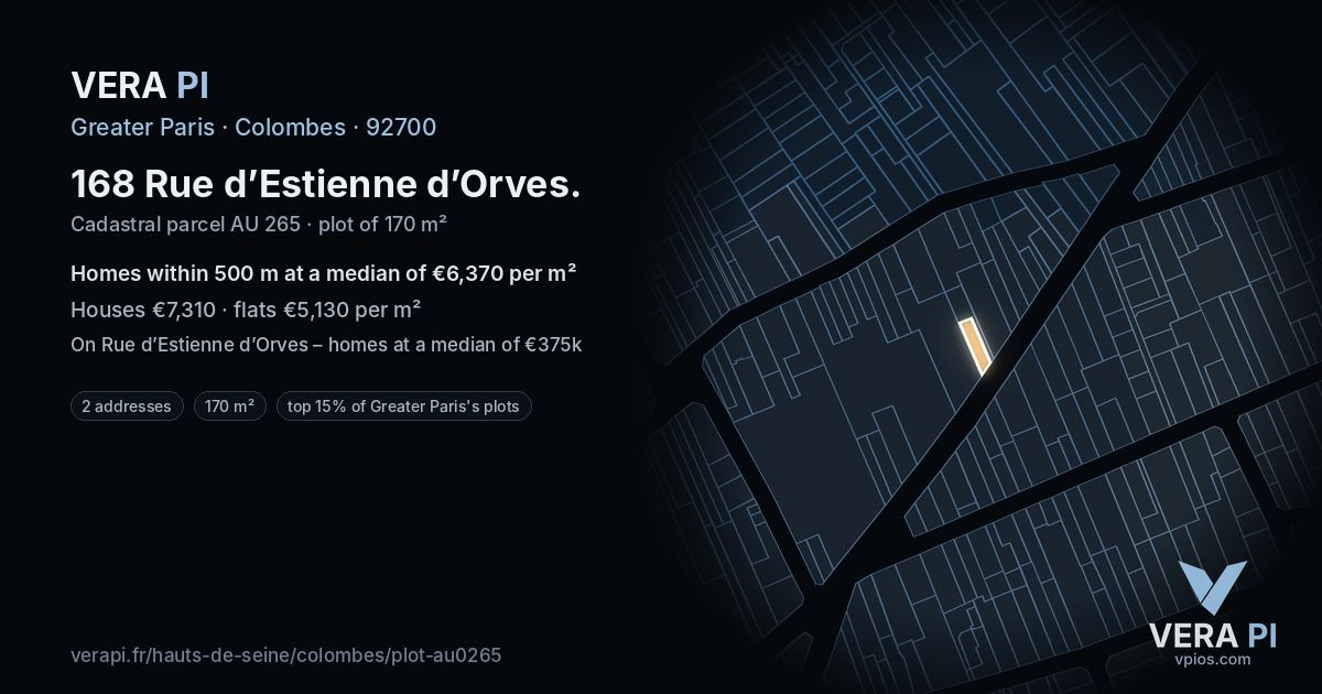 168 Rue d’Estienne d’Orves, Colombes at night – the plot lit, the parcels around coloured by the prices near them