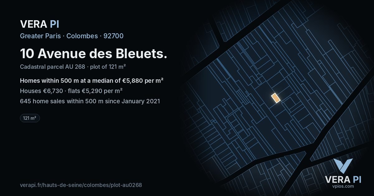 10 Avenue des Bleuets, Colombes at night – the plot lit, the parcels around coloured by the prices near them