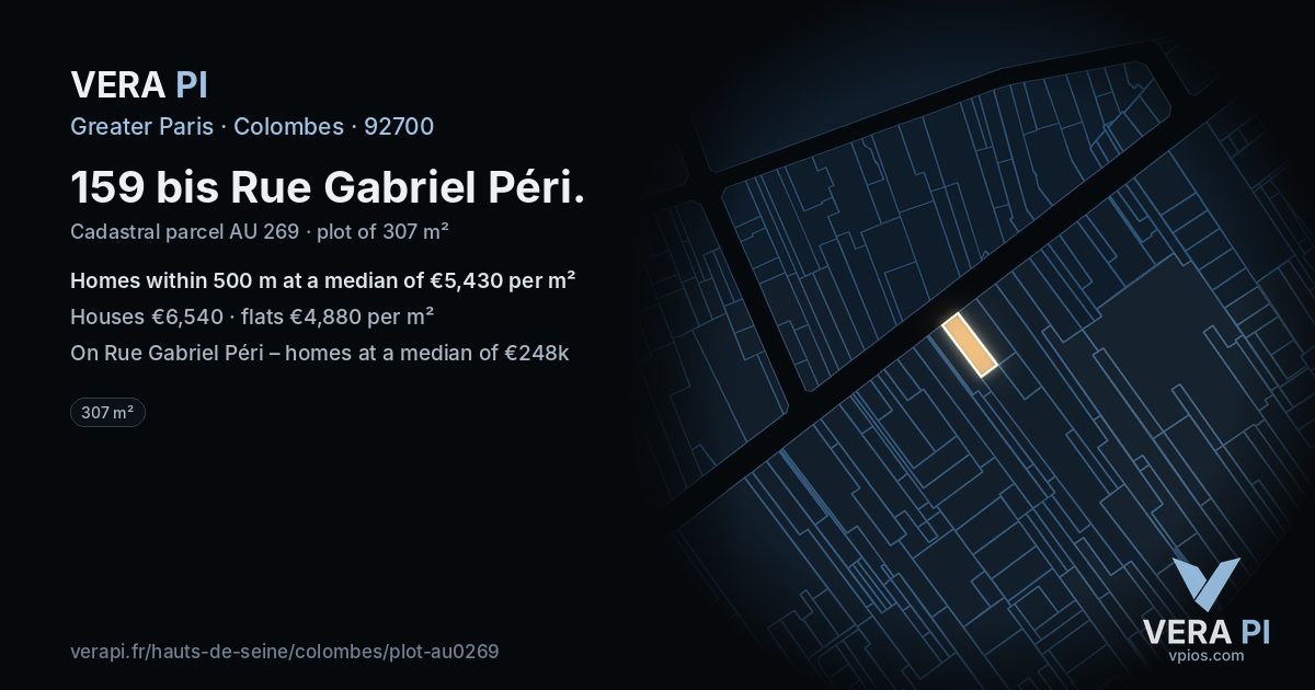 159 bis Rue Gabriel Péri, Colombes at night – the plot lit, the parcels around coloured by the prices near them