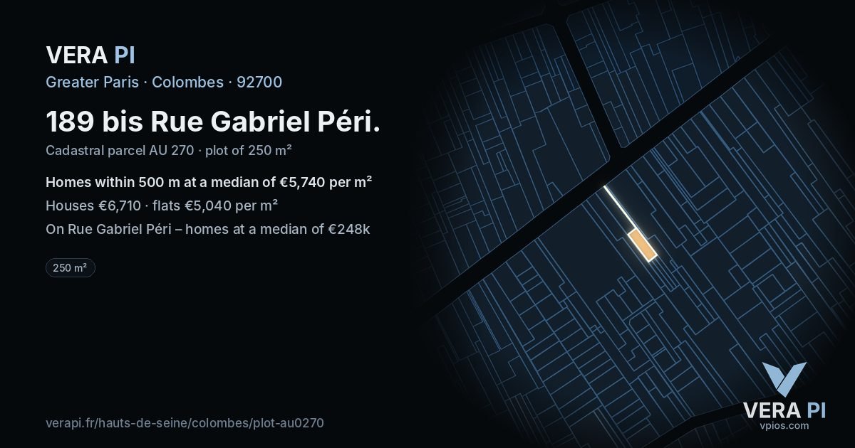 189 bis Rue Gabriel Péri, Colombes at night – the plot lit, the parcels around coloured by the prices near them