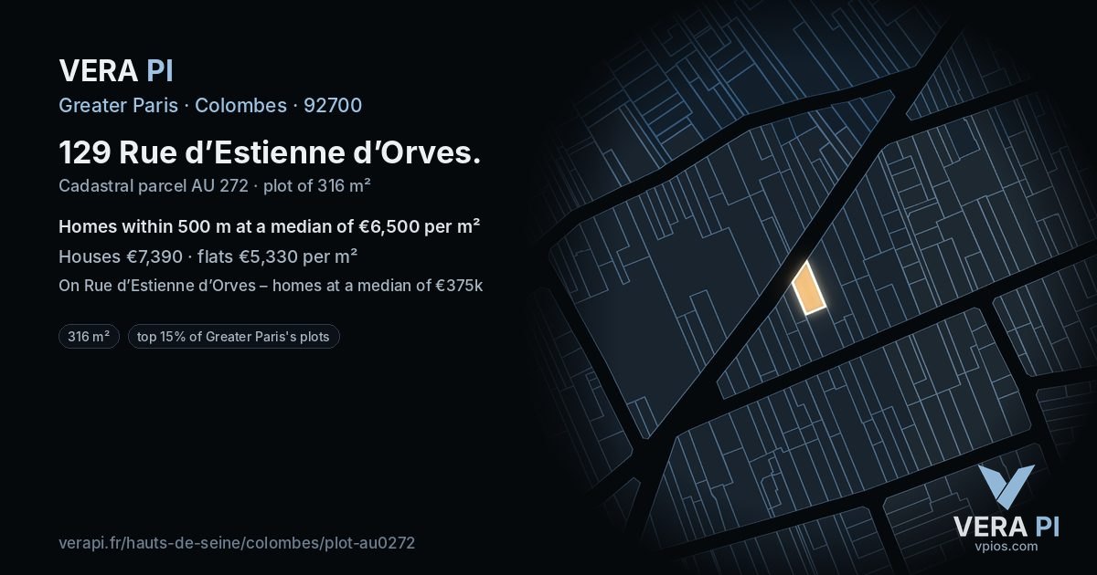 129 Rue d’Estienne d’Orves, Colombes at night – the plot lit, the parcels around coloured by the prices near them