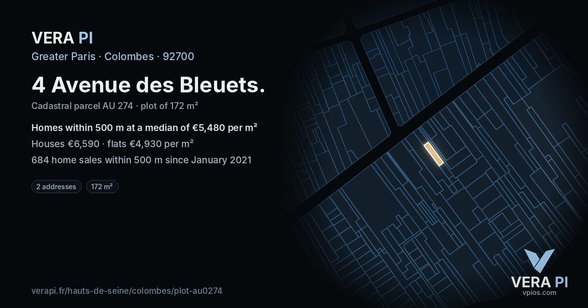 4 Avenue des Bleuets, Colombes at night – the plot lit, the parcels around coloured by the prices near them