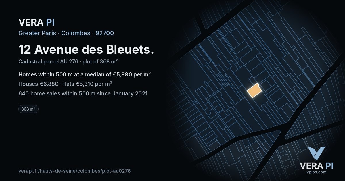 12 Avenue des Bleuets, Colombes at night – the plot lit, the parcels around coloured by the prices near them
