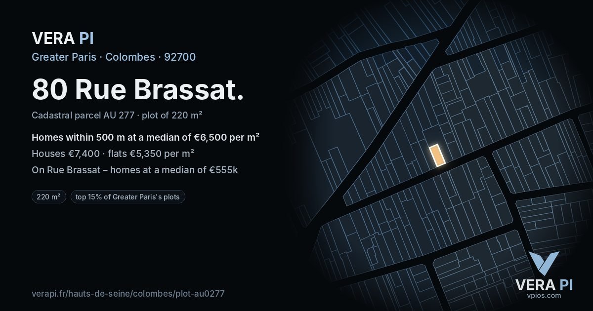 80 Rue Brassat, Colombes at night – the plot lit, the parcels around coloured by the prices near them