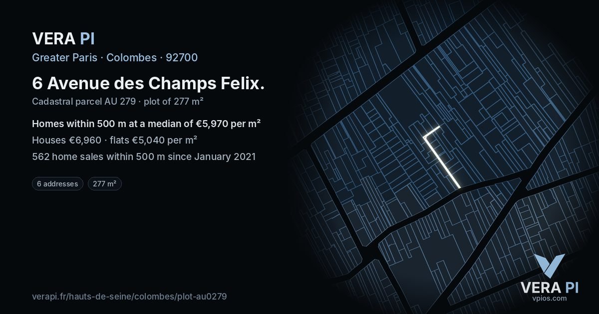 6 Avenue des Champs Felix, Colombes at night – the plot lit, the parcels around coloured by the prices near them