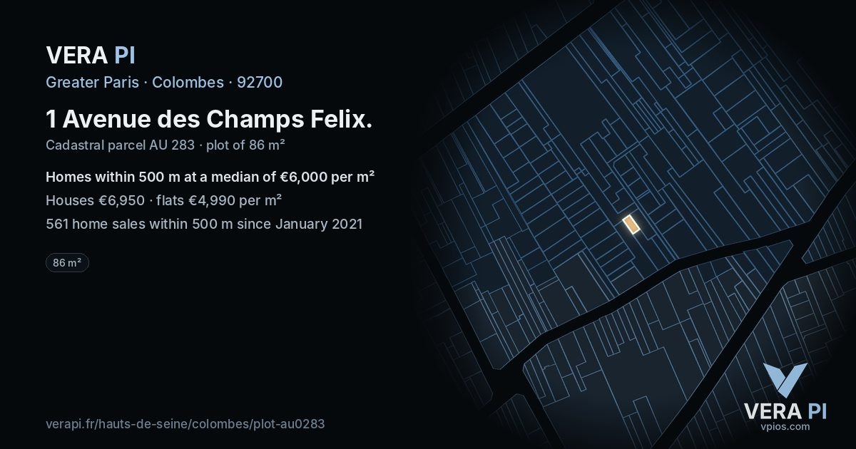 1 Avenue des Champs Felix, Colombes at night – the plot lit, the parcels around coloured by the prices near them