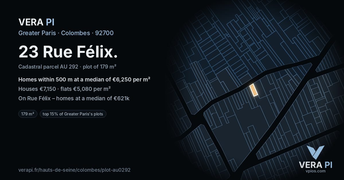 23 Rue Félix, Colombes at night – the plot lit, the parcels around coloured by the prices near them