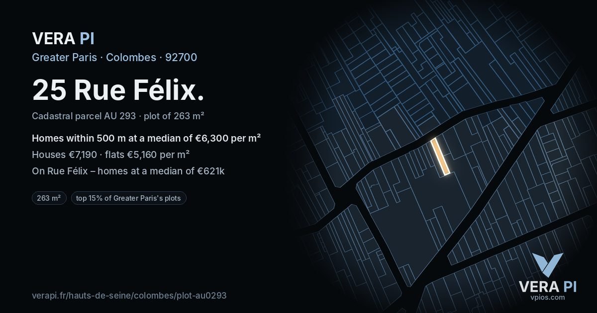 25 Rue Félix, Colombes at night – the plot lit, the parcels around coloured by the prices near them