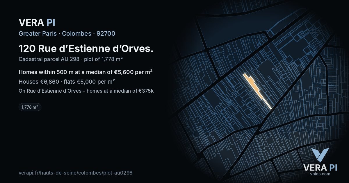 120 Rue d’Estienne d’Orves, Colombes at night – the plot lit, the parcels around coloured by the prices near them