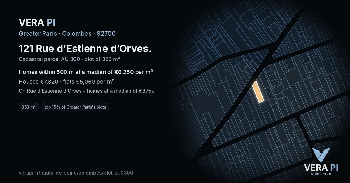 121 Rue d’Estienne d’Orves, Colombes at night – the plot lit, the parcels around coloured by the prices near them