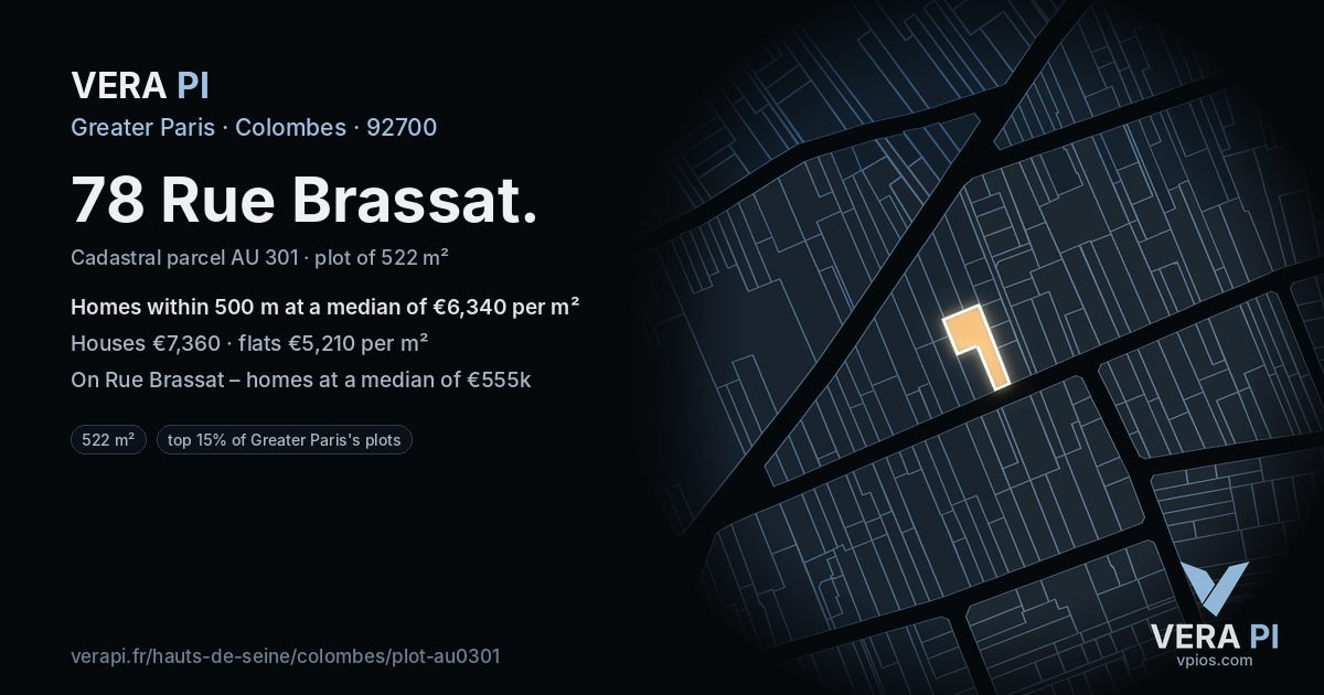 78 Rue Brassat, Colombes at night – the plot lit, the parcels around coloured by the prices near them