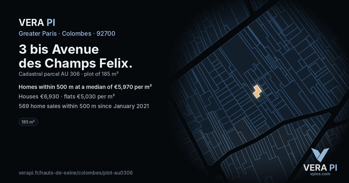 3 bis Avenue des Champs Felix, Colombes at night – the plot lit, the parcels around coloured by the prices near them