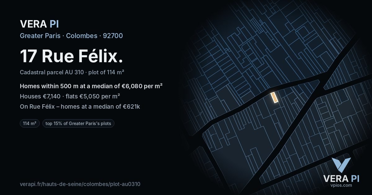 17 Rue Félix, Colombes at night – the plot lit, the parcels around coloured by the prices near them