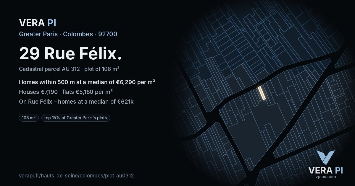 29 Rue Félix, Colombes at night – the plot lit, the parcels around coloured by the prices near them