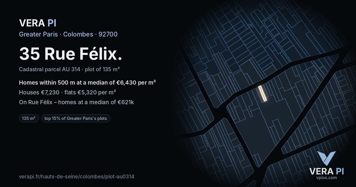 35 Rue Félix, Colombes at night – the plot lit, the parcels around coloured by the prices near them