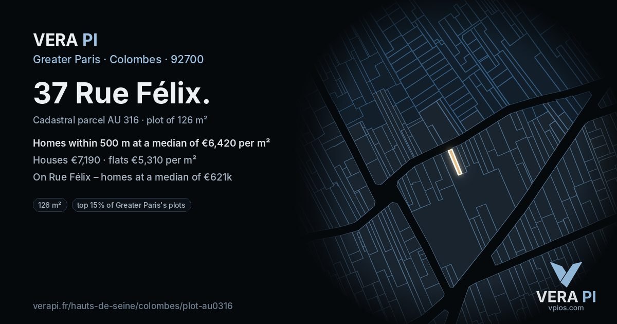 37 Rue Félix, Colombes at night – the plot lit, the parcels around coloured by the prices near them