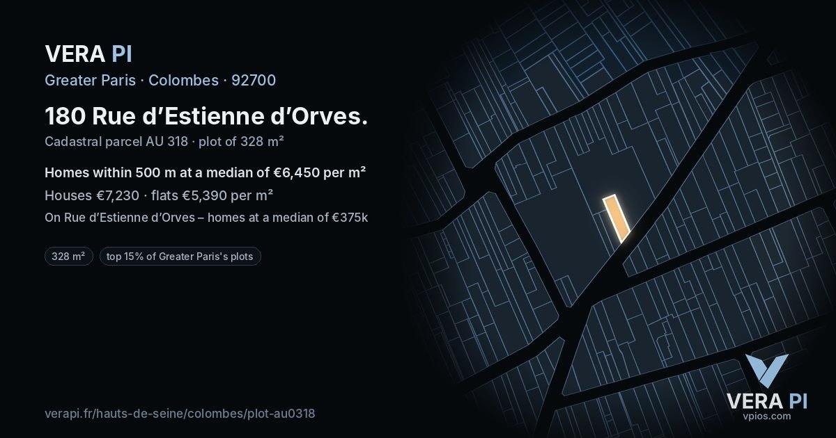 180 Rue d’Estienne d’Orves, Colombes at night – the plot lit, the parcels around coloured by the prices near them