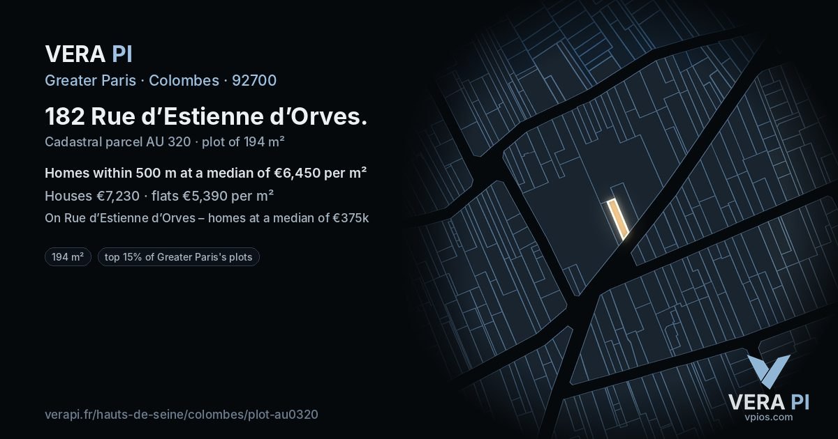 182 Rue d’Estienne d’Orves, Colombes at night – the plot lit, the parcels around coloured by the prices near them