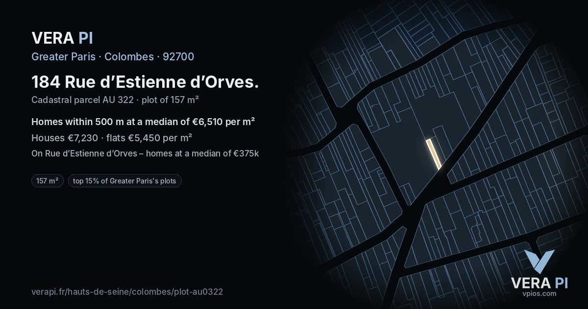 184 Rue d’Estienne d’Orves, Colombes at night – the plot lit, the parcels around coloured by the prices near them