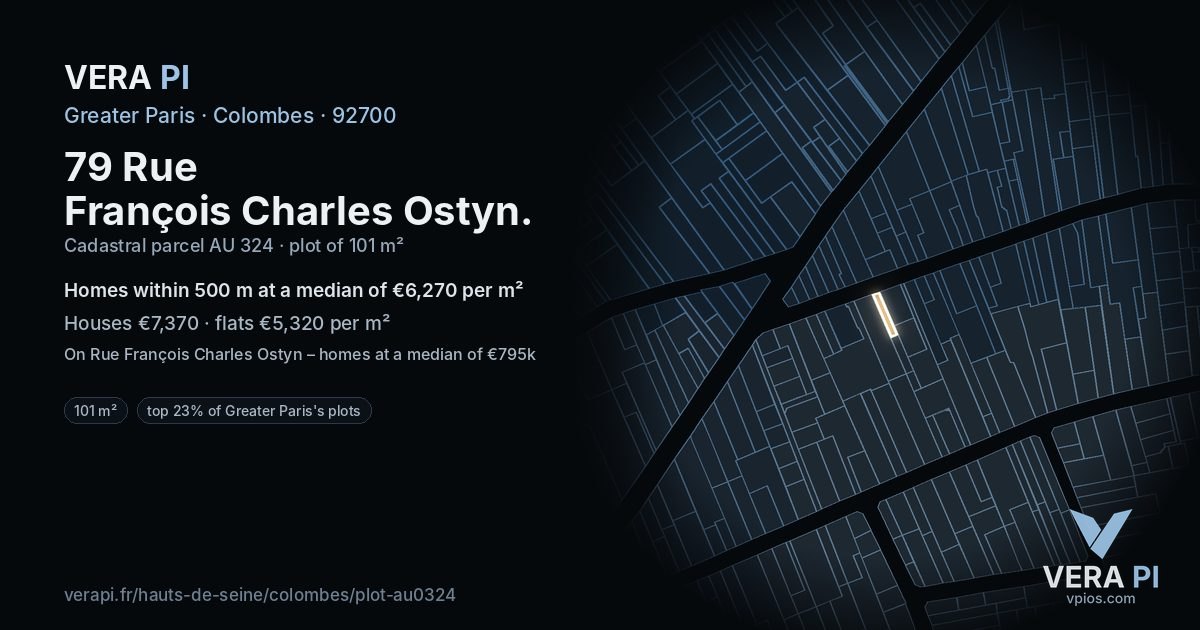 79 Rue François Charles Ostyn, Colombes at night – the plot lit, the parcels around coloured by the prices near them