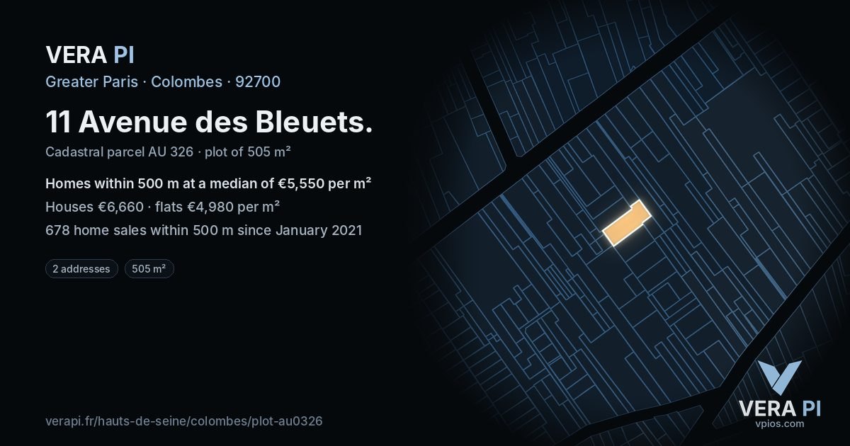 11 Avenue des Bleuets, Colombes at night – the plot lit, the parcels around coloured by the prices near them