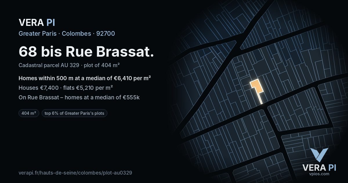 68 bis Rue Brassat, Colombes at night – the plot lit, the parcels around coloured by the prices near them