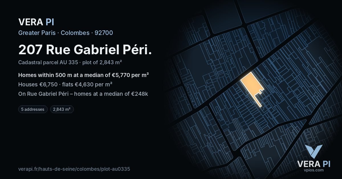 207 Rue Gabriel Péri, Colombes at night – the plot lit, the parcels around coloured by the prices near them