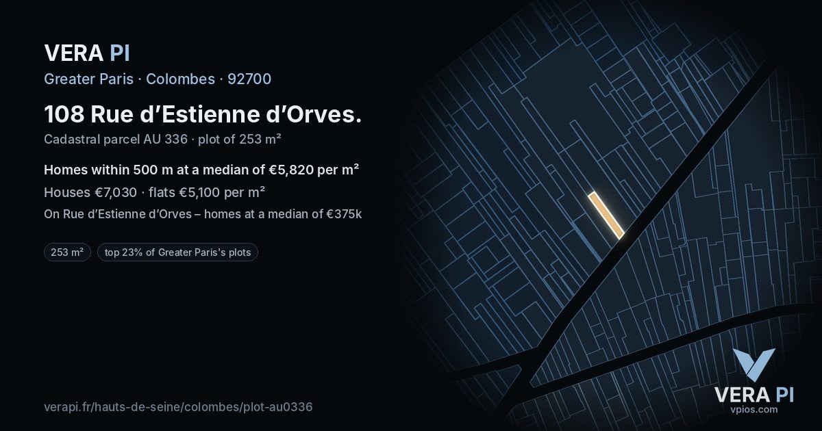 108 Rue d’Estienne d’Orves, Colombes at night – the plot lit, the parcels around coloured by the prices near them
