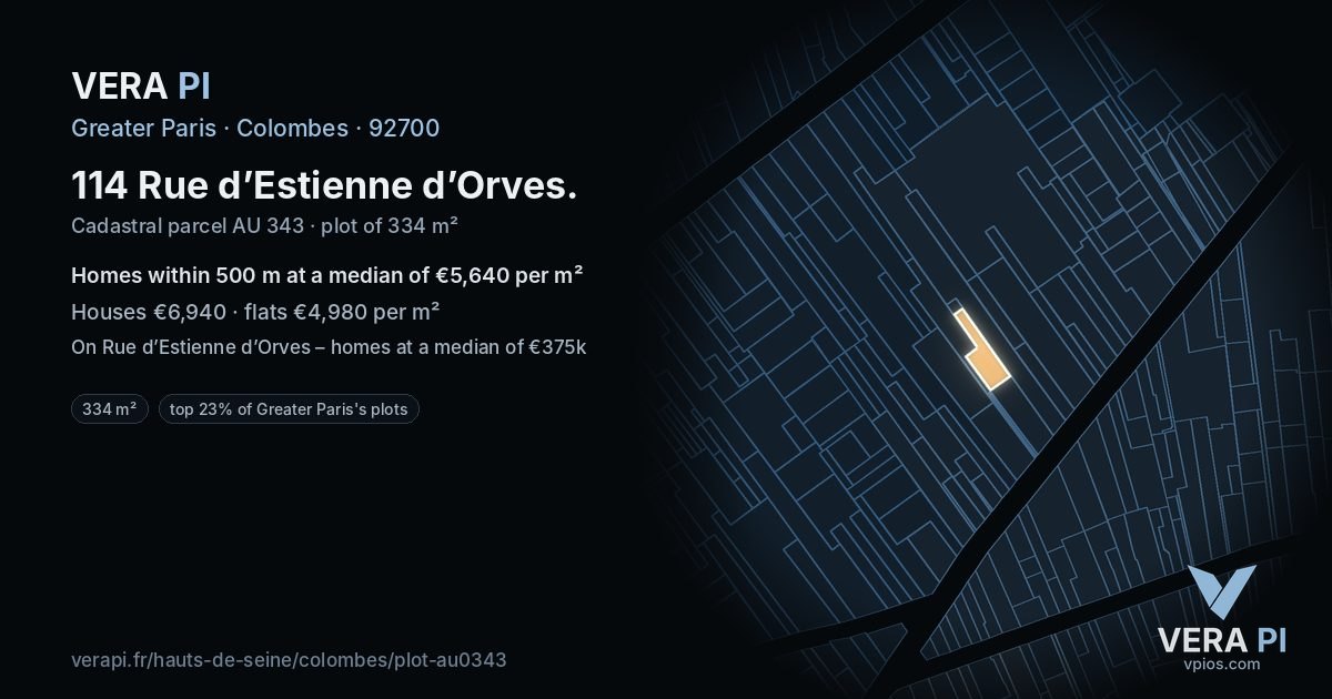 114 Rue d’Estienne d’Orves, Colombes at night – the plot lit, the parcels around coloured by the prices near them