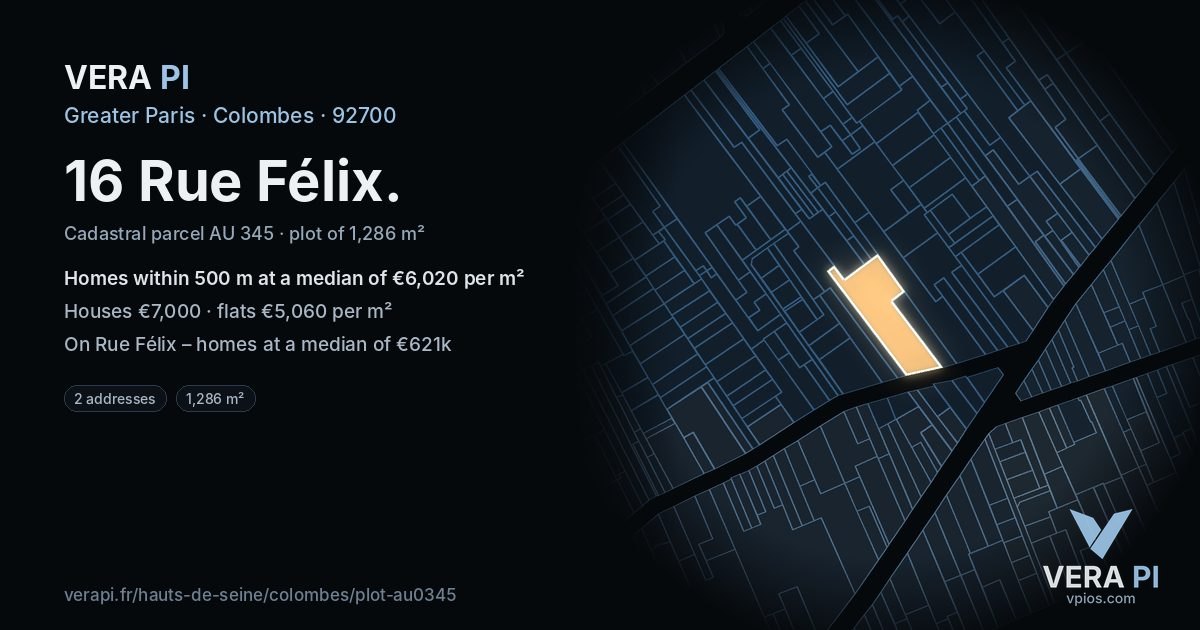 16 Rue Félix, Colombes at night – the plot lit, the parcels around coloured by the prices near them