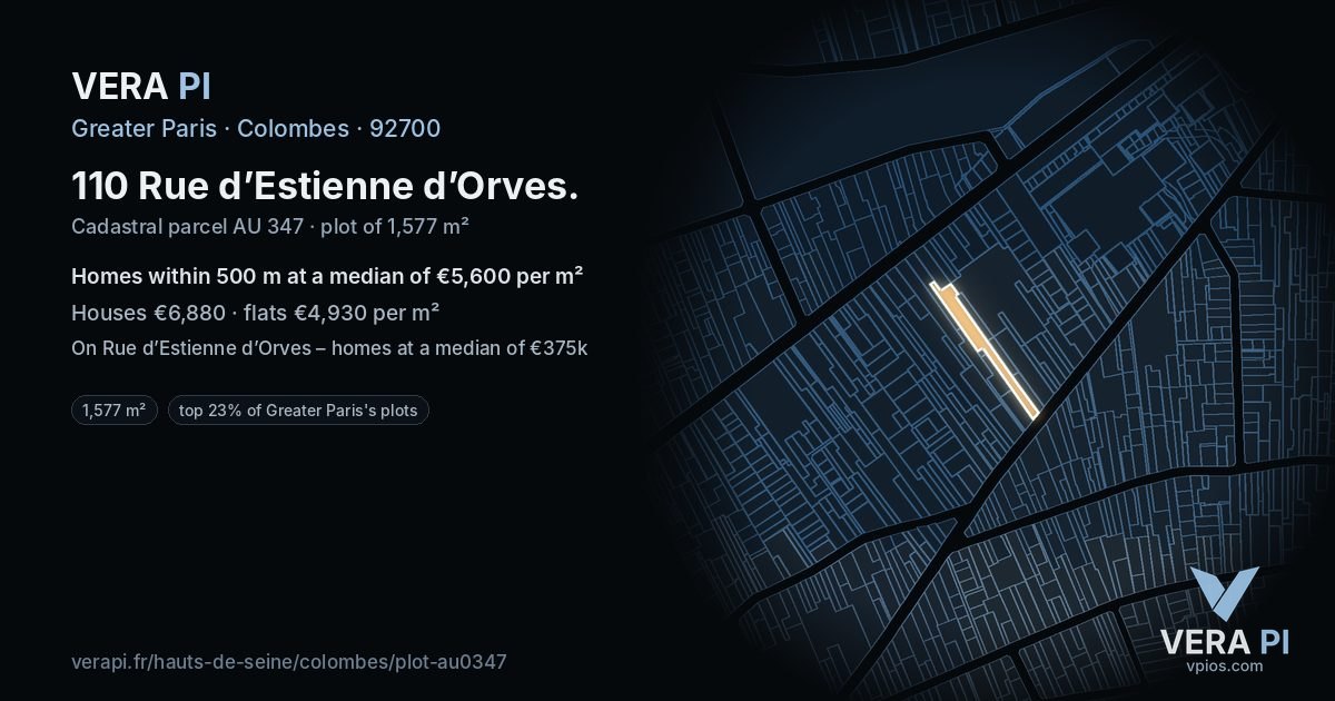110 Rue d’Estienne d’Orves, Colombes at night – the plot lit, the parcels around coloured by the prices near them