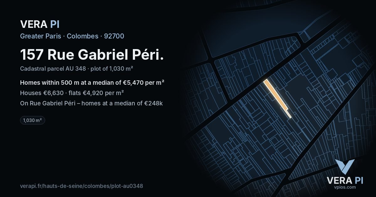 157 Rue Gabriel Péri, Colombes at night – the plot lit, the parcels around coloured by the prices near them