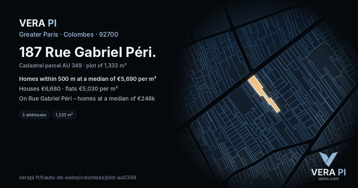 187 Rue Gabriel Péri, Colombes at night – the plot lit, the parcels around coloured by the prices near them