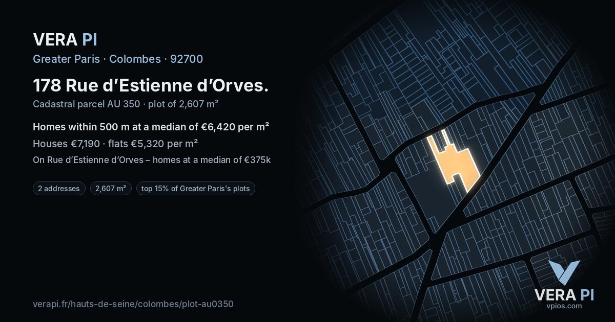178 Rue d’Estienne d’Orves, Colombes at night – the plot lit, the parcels around coloured by the prices near them