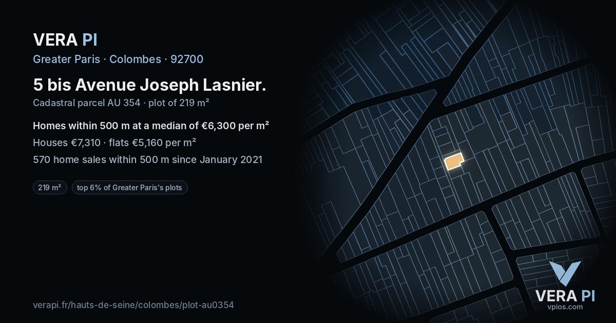 5 bis Avenue Joseph Lasnier, Colombes at night – the plot lit, the parcels around coloured by the prices near them