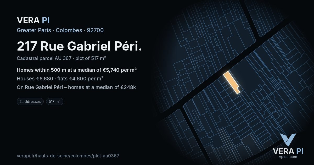 217 Rue Gabriel Péri, Colombes at night – the plot lit, the parcels around coloured by the prices near them