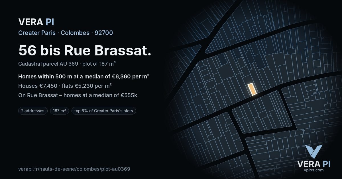 56 bis Rue Brassat, Colombes at night – the plot lit, the parcels around coloured by the prices near them