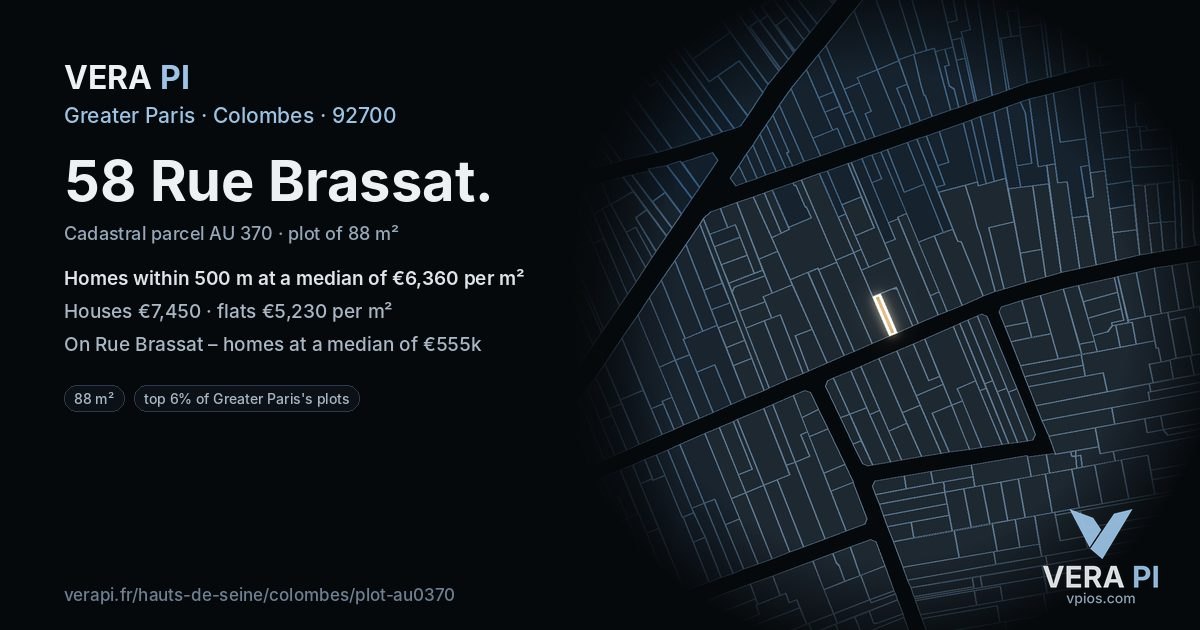 58 Rue Brassat, Colombes at night – the plot lit, the parcels around coloured by the prices near them