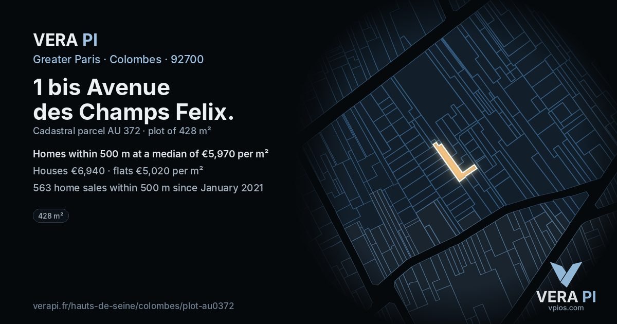 1 bis Avenue des Champs Felix, Colombes at night – the plot lit, the parcels around coloured by the prices near them