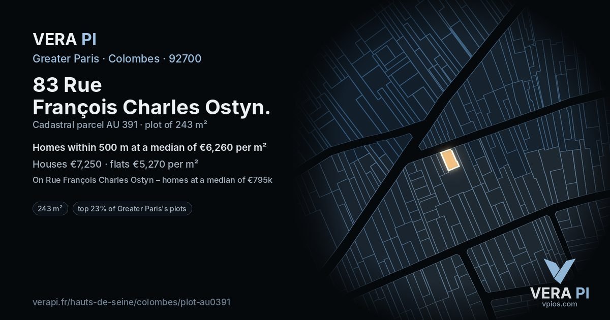 83 Rue François Charles Ostyn, Colombes at night – the plot lit, the parcels around coloured by the prices near them