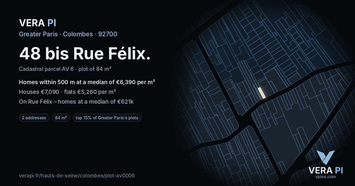 48 bis Rue Félix, Colombes at night – the plot lit, the parcels around coloured by the prices near them