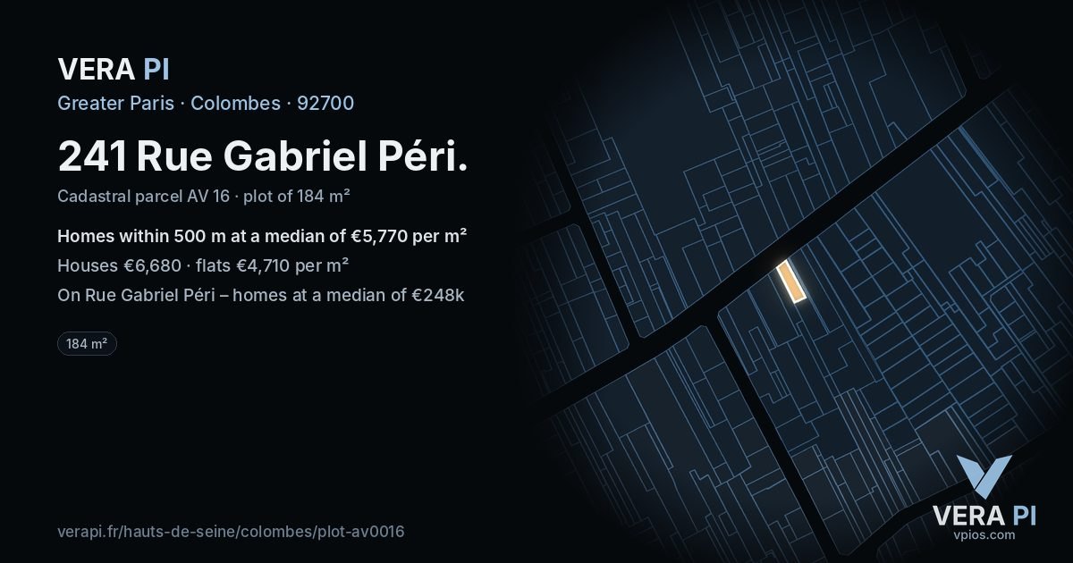 241 Rue Gabriel Péri, Colombes at night – the plot lit, the parcels around coloured by the prices near them