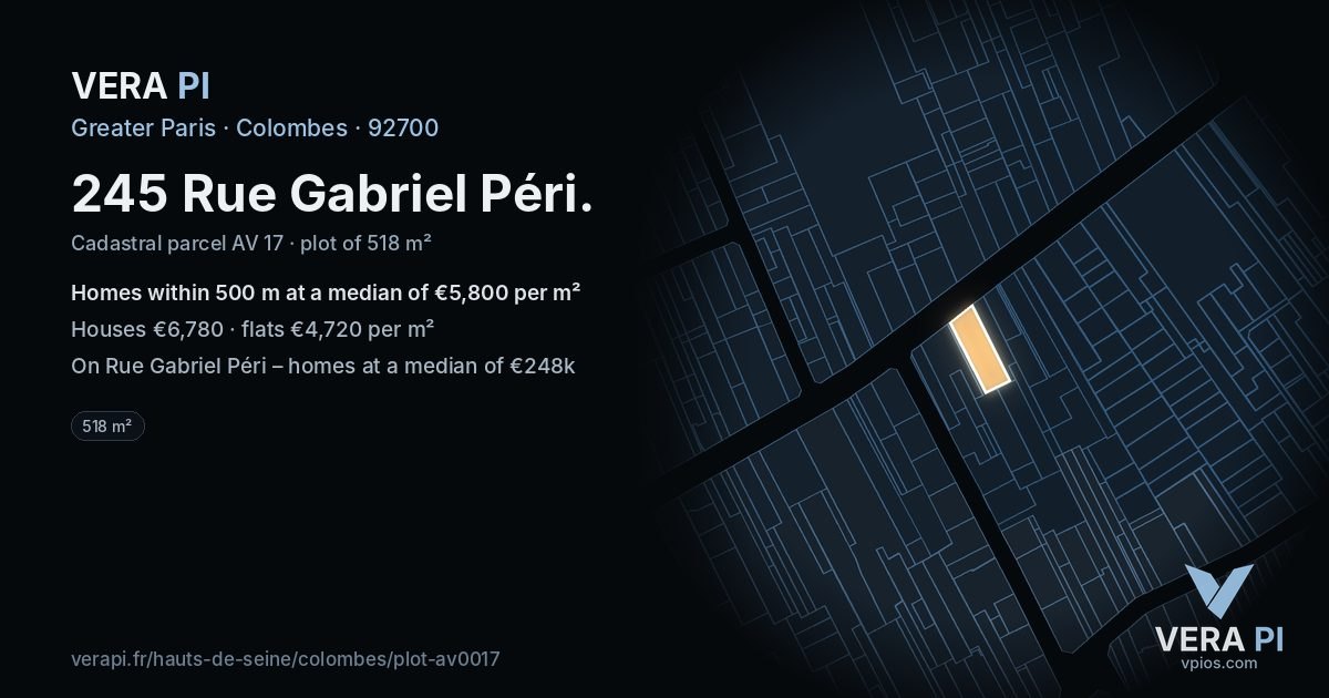245 Rue Gabriel Péri, Colombes at night – the plot lit, the parcels around coloured by the prices near them